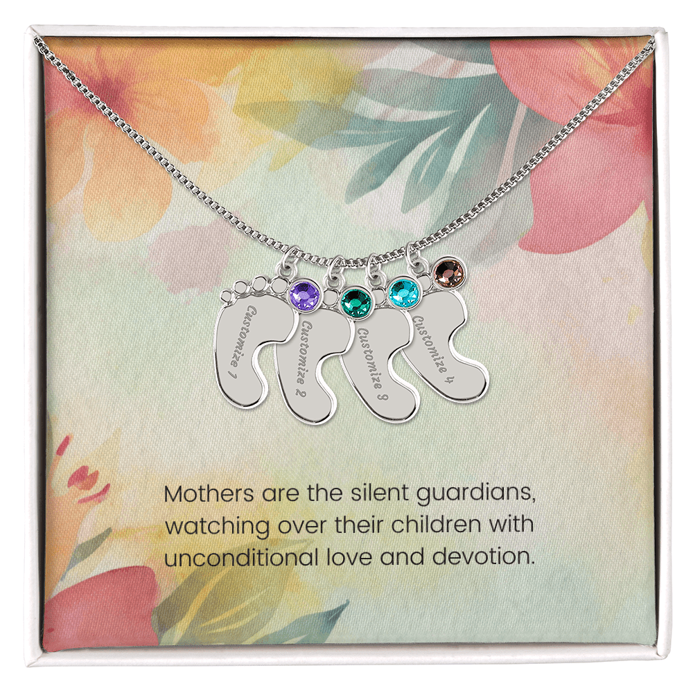 Engraved Baby Feet Necklace with Birthstone – Silent Guardians: A Mother's Unconditional Love & Devotion | Gift for New Moms