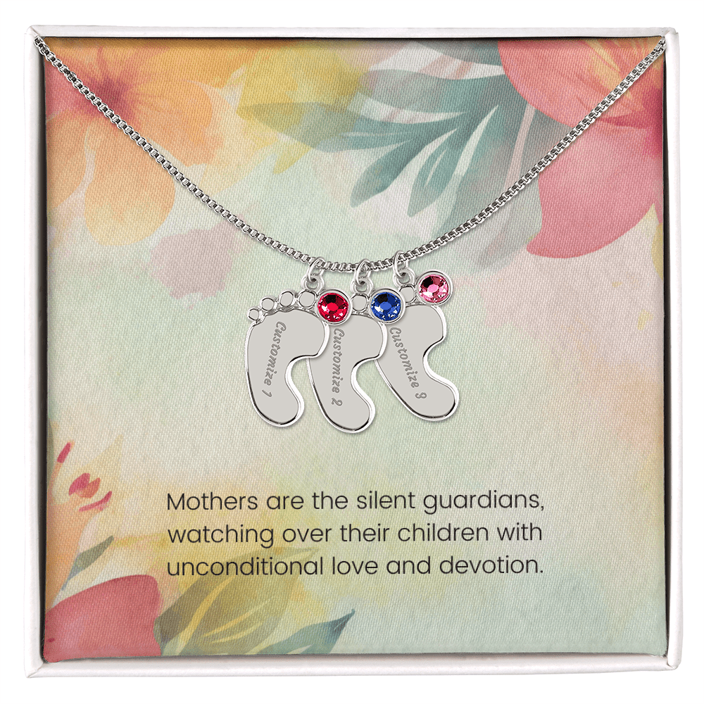 Engraved Baby Feet Necklace with Birthstone – Silent Guardians: A Mother's Unconditional Love & Devotion | Gift for New Moms