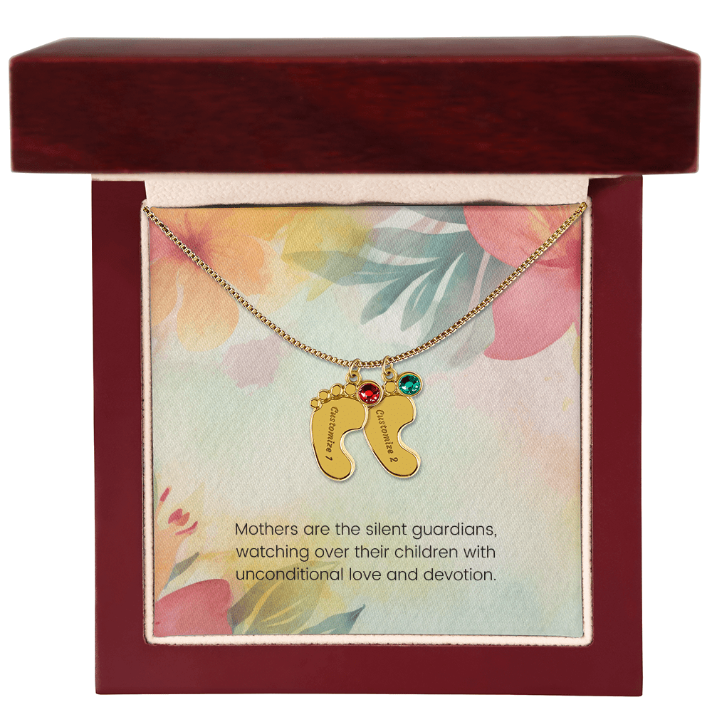 Engraved Baby Feet Necklace with Birthstone – Silent Guardians: A Mother's Unconditional Love & Devotion | Gift for New Moms