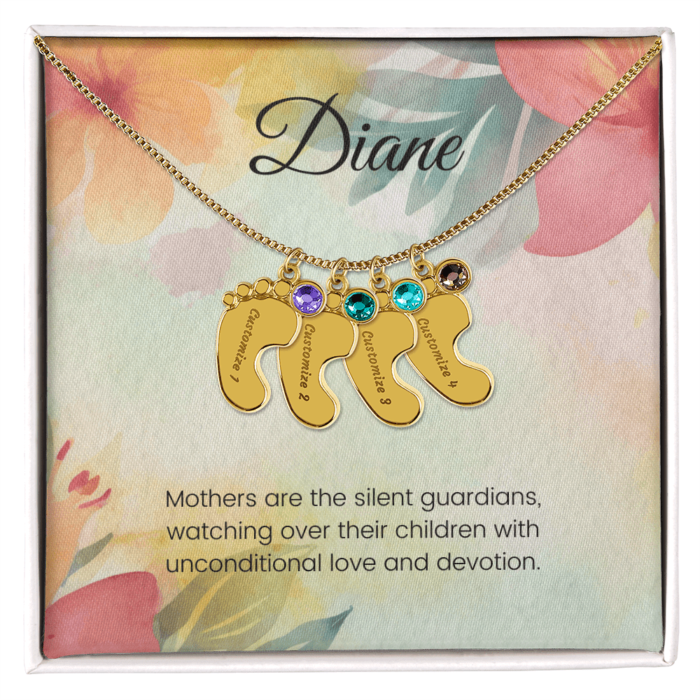 Engraved Baby Feet Necklace with Birthstone – Silent Guardians: A Mother's Unconditional Love & Devotion | Gift for New Moms