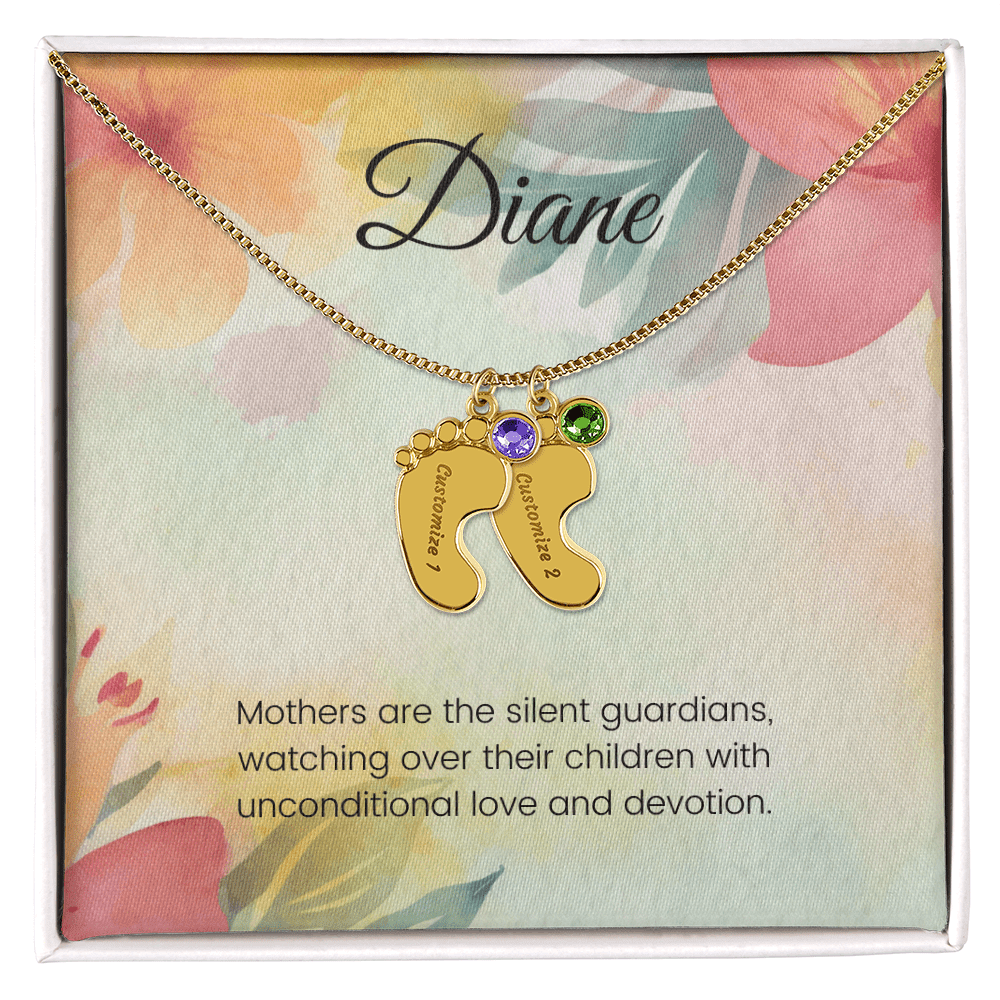 Engraved Baby Feet Necklace with Birthstone – Silent Guardians: A Mother's Unconditional Love & Devotion | Gift for New Moms