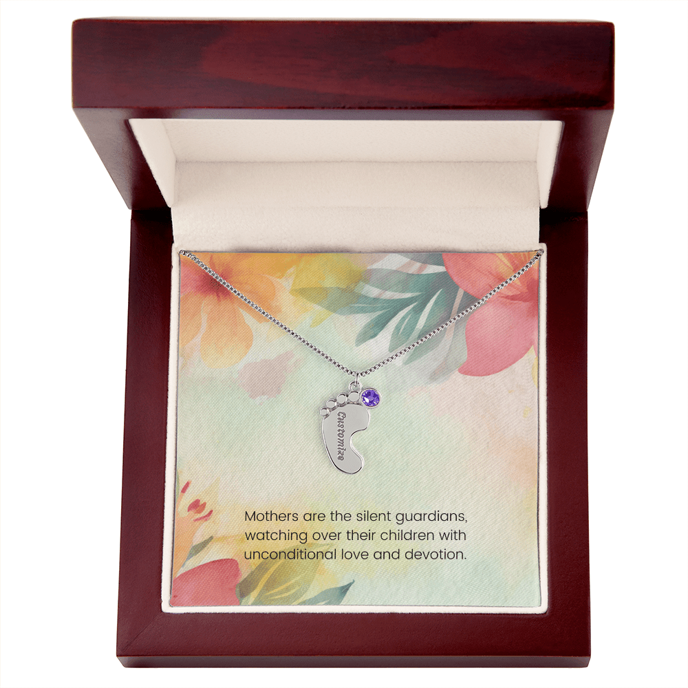 Engraved Baby Feet Necklace with Birthstone – Silent Guardians: A Mother's Unconditional Love & Devotion | Gift for New Moms