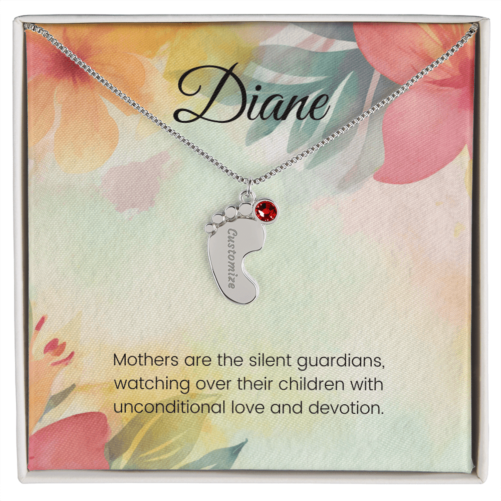 Engraved Baby Feet Necklace with Birthstone – Silent Guardians: A Mother's Unconditional Love & Devotion | Gift for New Moms