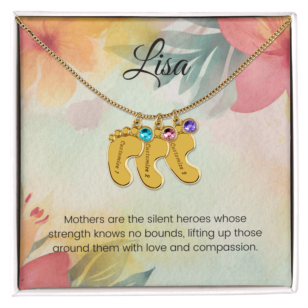 Engraved Baby Feet Necklace with Birthstone – Silent Heroes: A Mother's Strength, Love & Compassion | Ideal Gift for New Moms