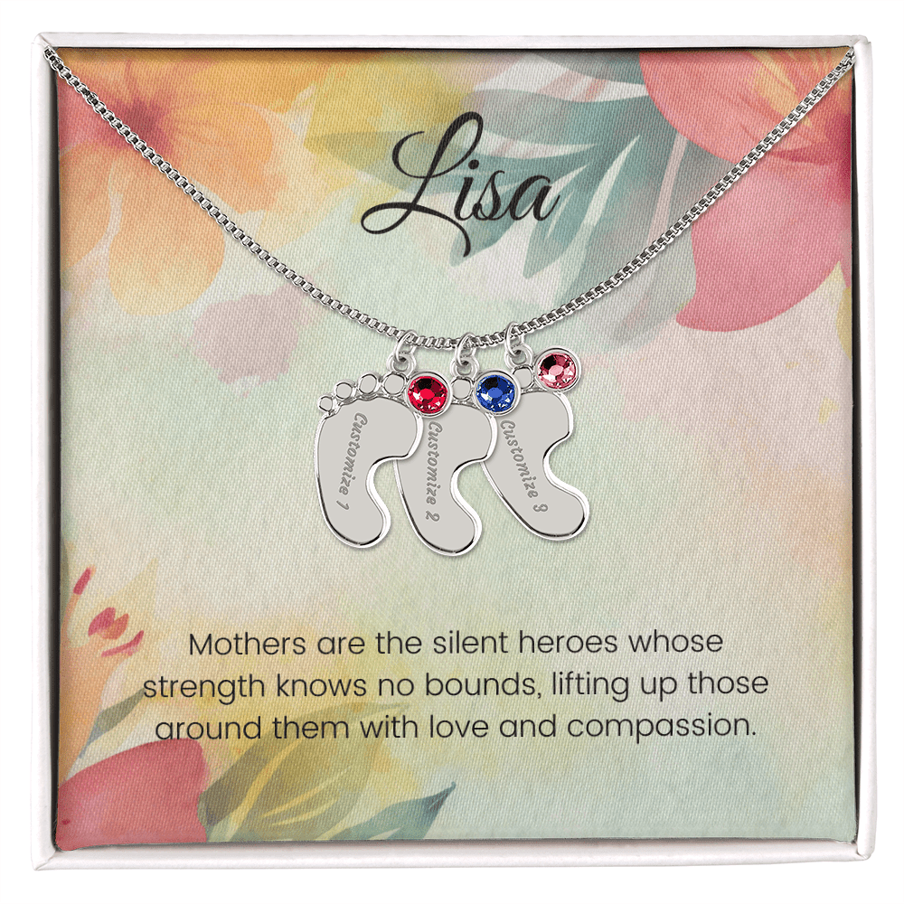 Engraved Baby Feet Necklace with Birthstone – Silent Heroes: A Mother's Strength, Love & Compassion | Ideal Gift for New Moms