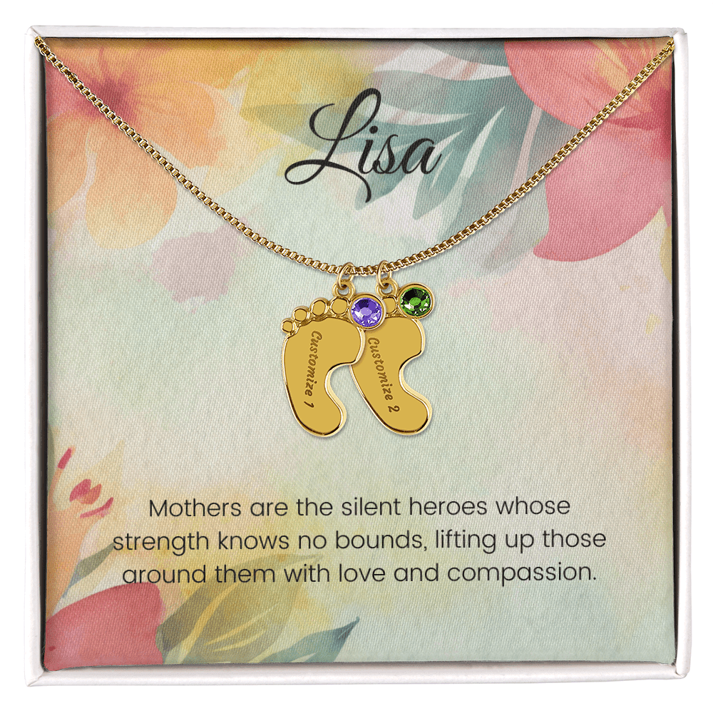Engraved Baby Feet Necklace with Birthstone – Silent Heroes: A Mother's Strength, Love & Compassion | Ideal Gift for New Moms