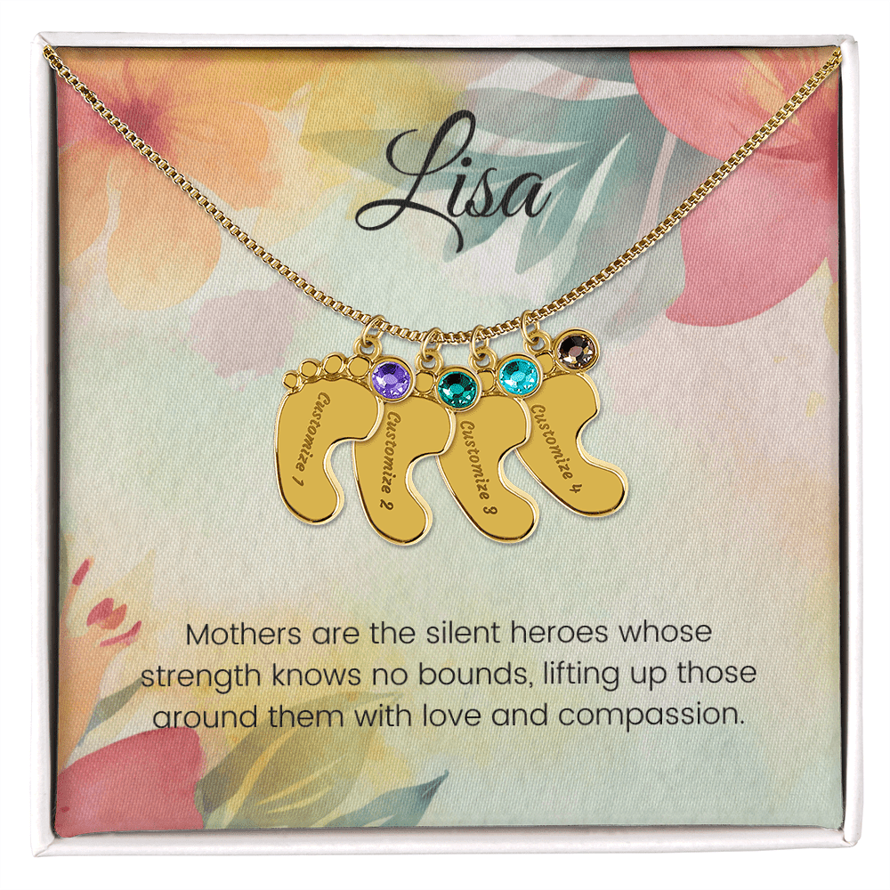 Engraved Baby Feet Necklace with Birthstone – Silent Heroes: A Mother's Strength, Love & Compassion | Ideal Gift for New Moms