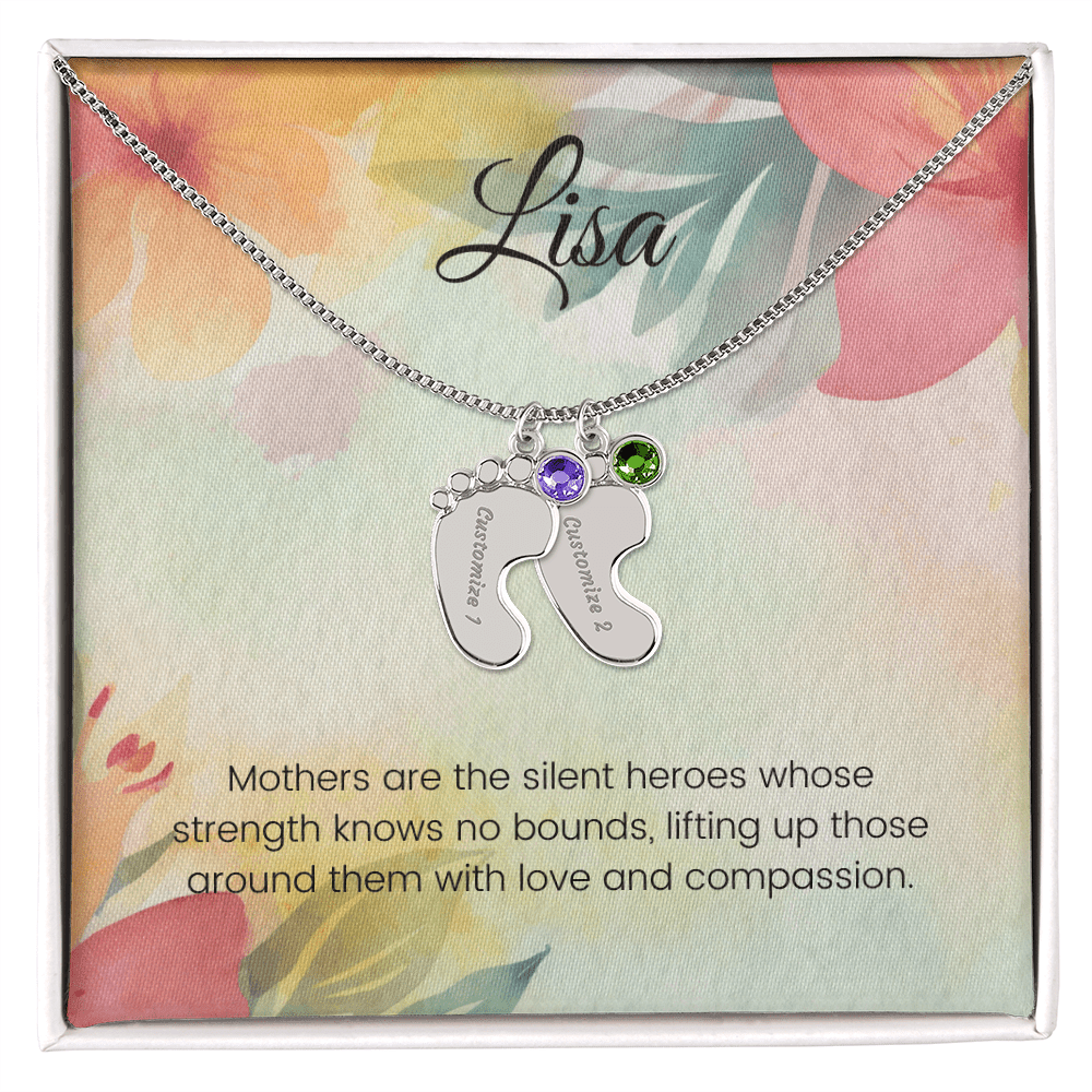 Engraved Baby Feet Necklace with Birthstone – Silent Heroes: A Mother's Strength, Love & Compassion | Ideal Gift for New Moms