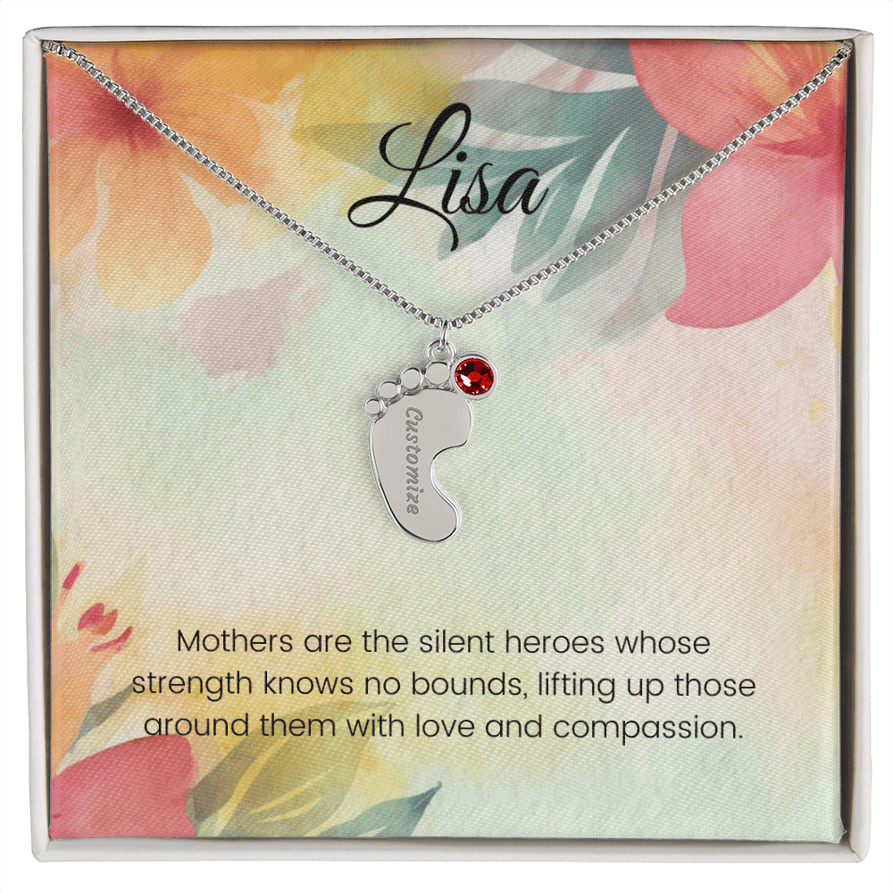 Engraved Baby Feet Necklace with Birthstone – Silent Heroes: A Mother's Strength, Love & Compassion | Ideal Gift for New Moms