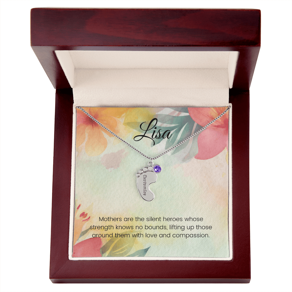 Engraved Baby Feet Necklace with Birthstone – Silent Heroes: A Mother's Strength, Love & Compassion | Ideal Gift for New Moms