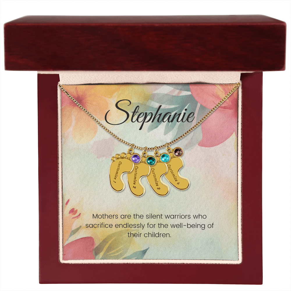 Engraved Baby Feet Necklace with Birthstone – Silent Warriors: A Mother's Sacrifice & Strength | Ideal Gift for New Moms