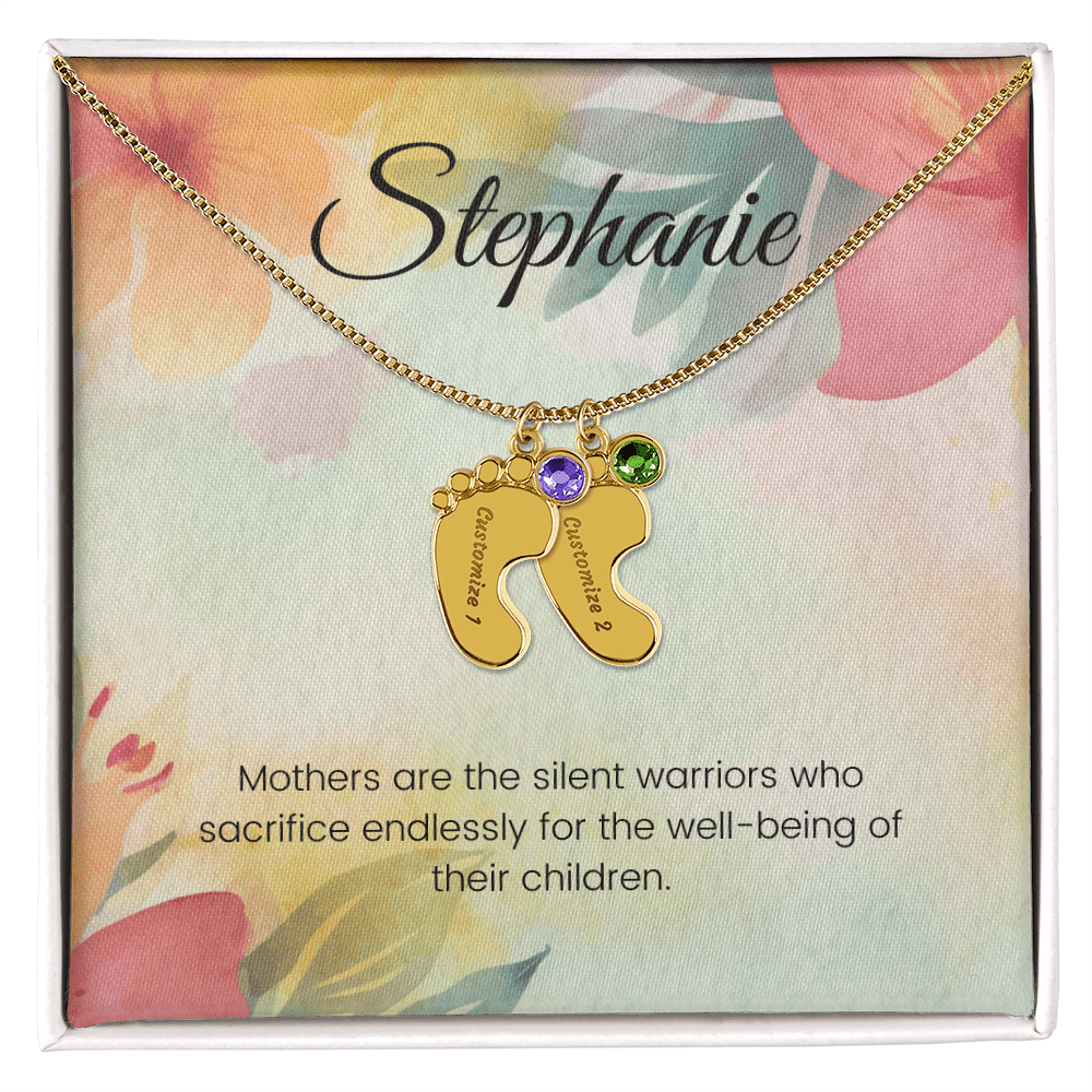 Engraved Baby Feet Necklace with Birthstone – Silent Warriors: A Mother's Sacrifice & Strength | Ideal Gift for New Moms