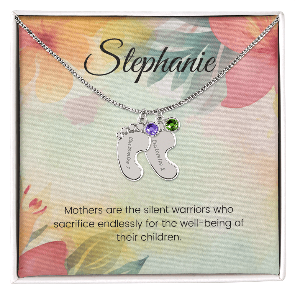 Engraved Baby Feet Necklace with Birthstone – Silent Warriors: A Mother's Sacrifice & Strength | Ideal Gift for New Moms
