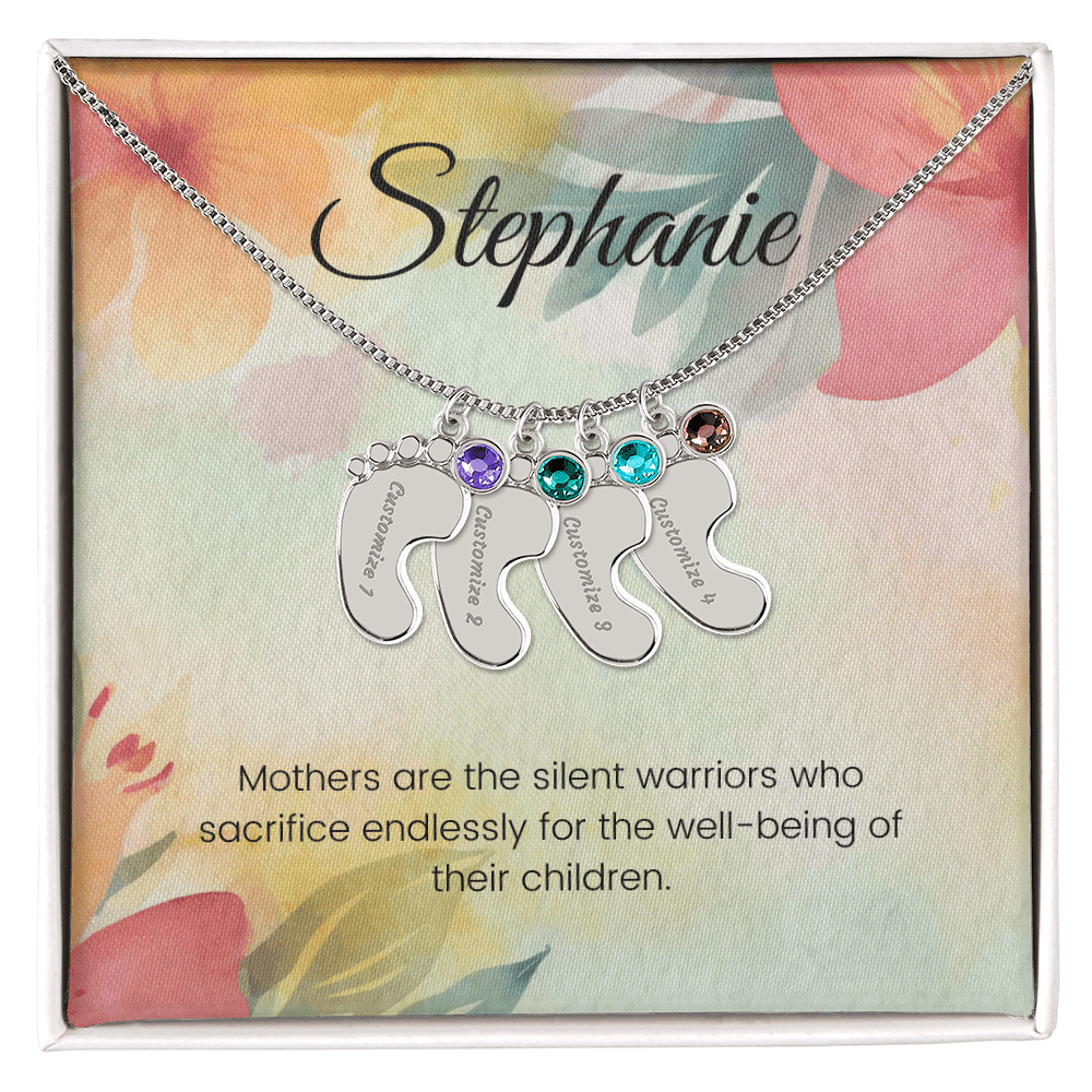 Engraved Baby Feet Necklace with Birthstone – Silent Warriors: A Mother's Sacrifice & Strength | Ideal Gift for New Moms