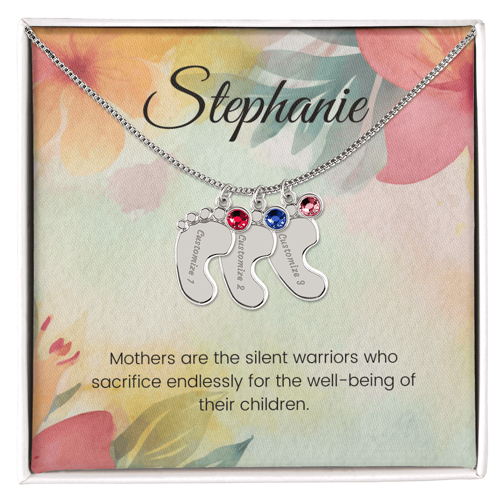 Engraved Baby Feet Necklace with Birthstone – Silent Warriors: A Mother's Sacrifice & Strength | Ideal Gift for New Moms