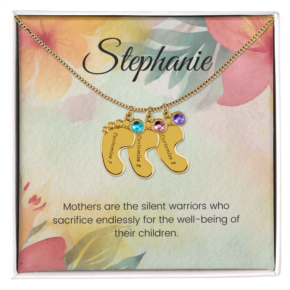 Engraved Baby Feet Necklace with Birthstone – Silent Warriors: A Mother's Sacrifice & Strength | Ideal Gift for New Moms