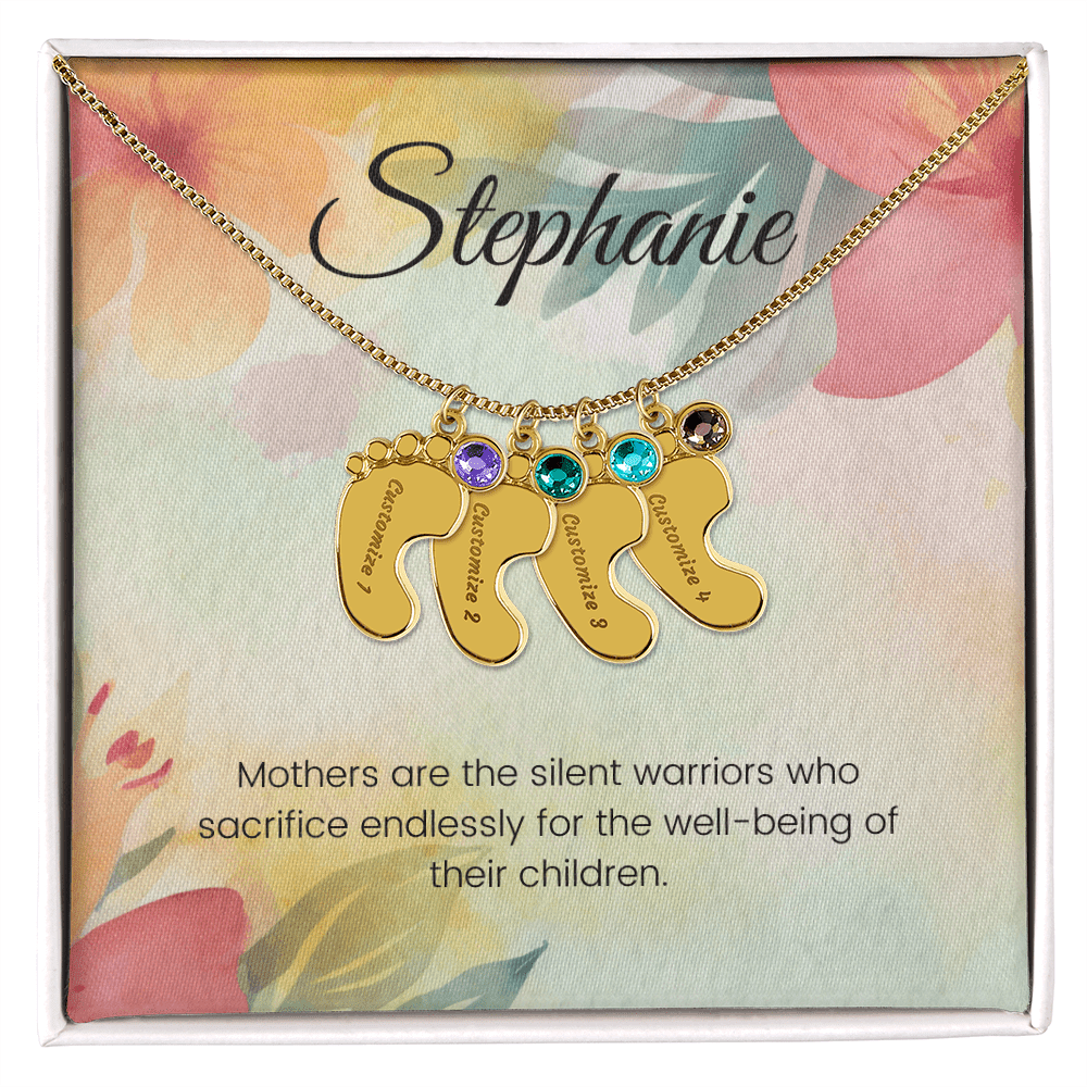 Engraved Baby Feet Necklace with Birthstone – Silent Warriors: A Mother's Sacrifice & Strength | Ideal Gift for New Moms