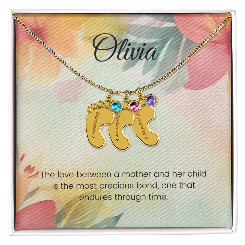 Engraved Baby Feet Necklace with Birthstone – The Precious Bond of Mother & Child | Ideal Gift for New Moms