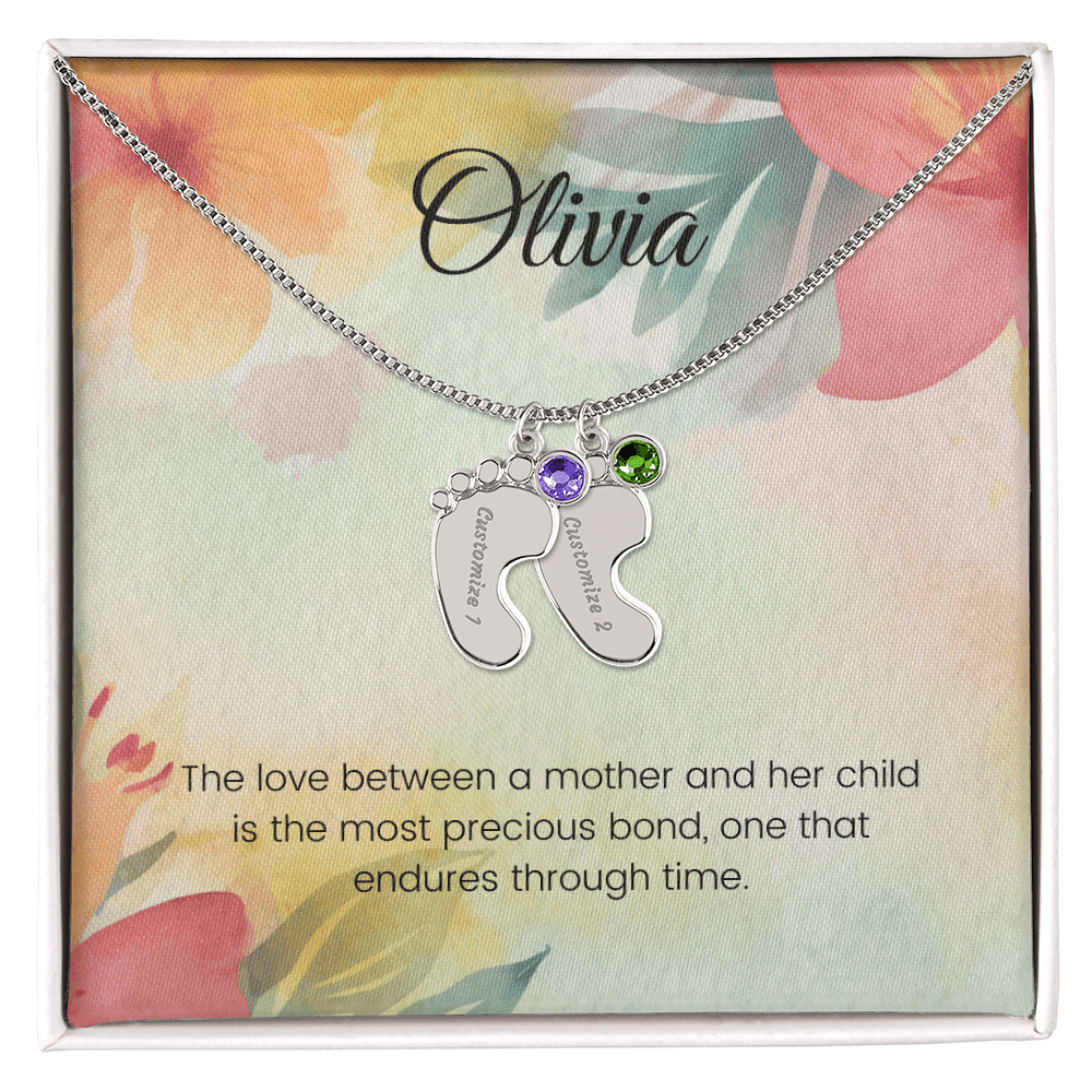 Engraved Baby Feet Necklace with Birthstone – The Precious Bond of Mother & Child | Ideal Gift for New Moms
