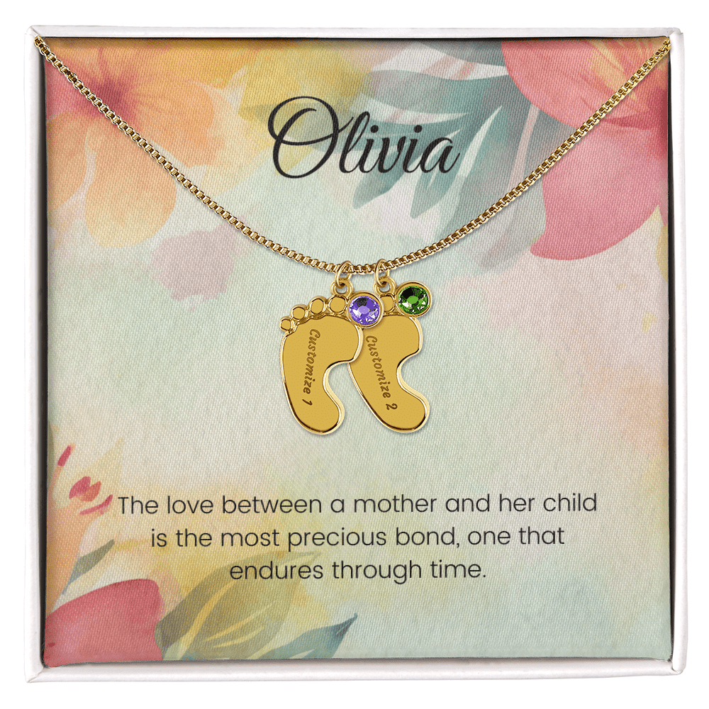Engraved Baby Feet Necklace with Birthstone – The Precious Bond of Mother & Child | Ideal Gift for New Moms