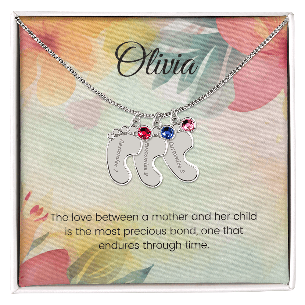 Engraved Baby Feet Necklace with Birthstone – The Precious Bond of Mother & Child | Ideal Gift for New Moms