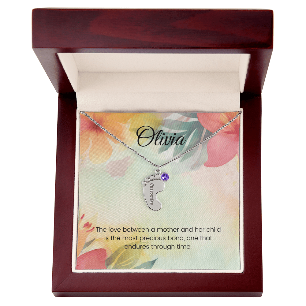 Engraved Baby Feet Necklace with Birthstone – The Precious Bond of Mother & Child | Ideal Gift for New Moms