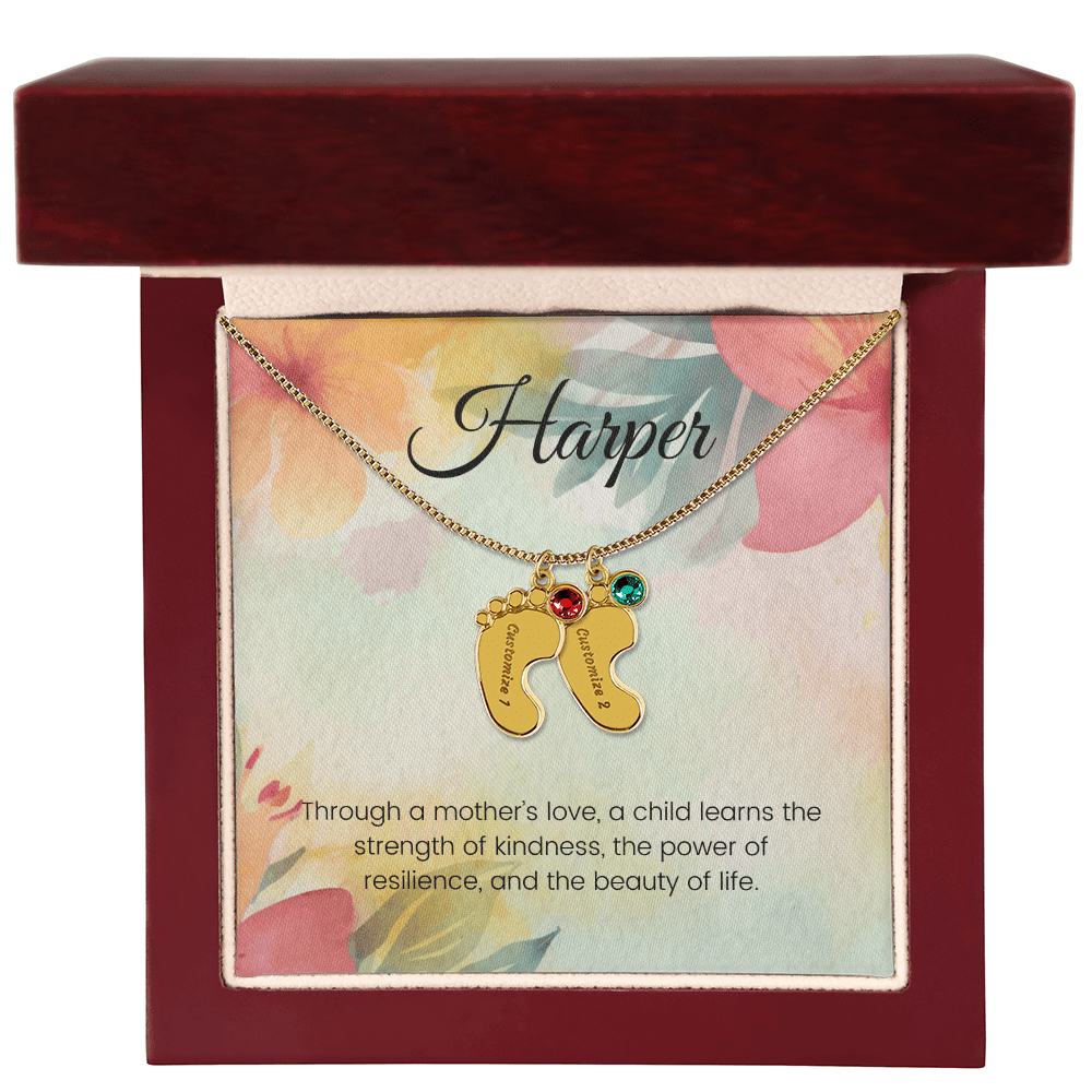 Engraved Baby Feet Necklace with Birthstone – Through a Mother's Love, Strength & Resilience Blossom | Ideal Gift for New Moms