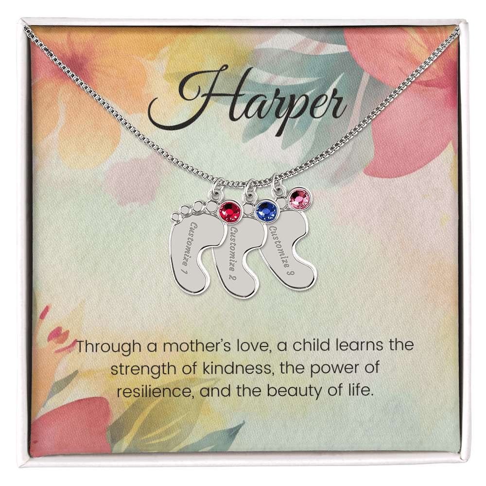 Engraved Baby Feet Necklace with Birthstone – Through a Mother's Love, Strength & Resilience Blossom | Ideal Gift for New Moms