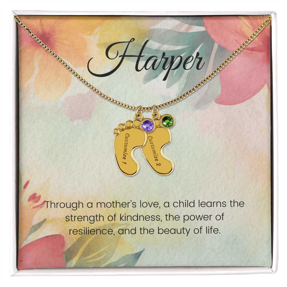 Engraved Baby Feet Necklace with Birthstone – Through a Mother's Love, Strength & Resilience Blossom | Ideal Gift for New Moms