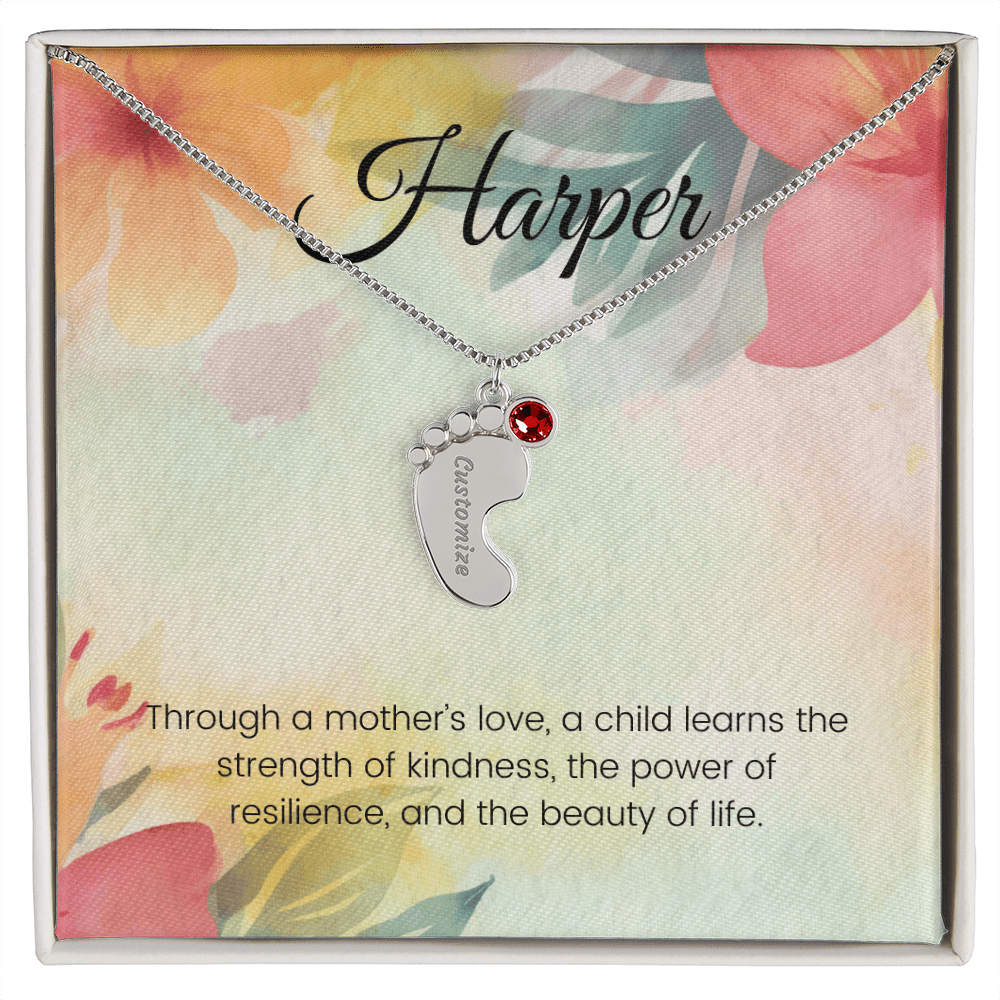 Engraved Baby Feet Necklace with Birthstone – Through a Mother's Love, Strength & Resilience Blossom | Ideal Gift for New Moms