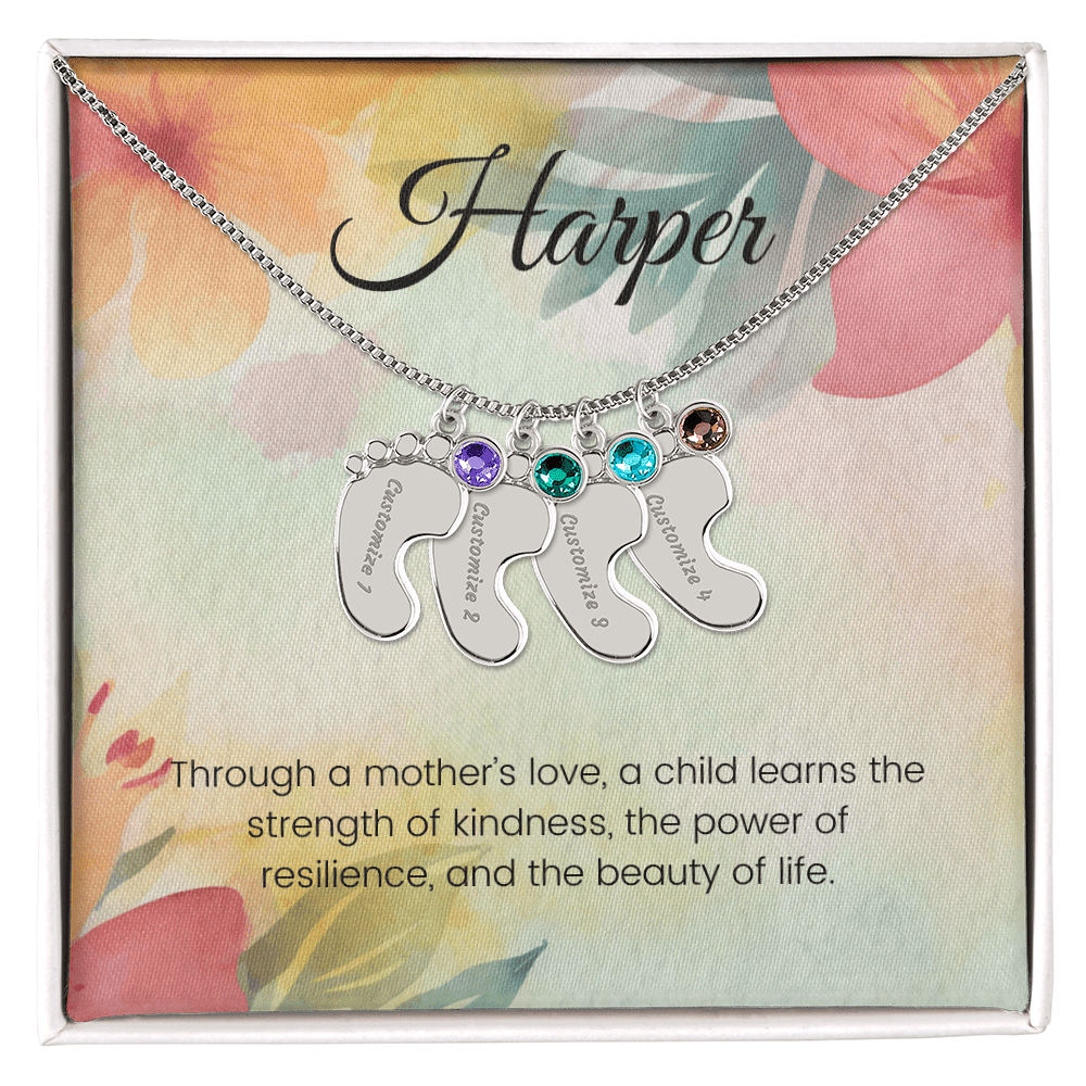Engraved Baby Feet Necklace with Birthstone – Through a Mother's Love, Strength & Resilience Blossom | Ideal Gift for New Moms