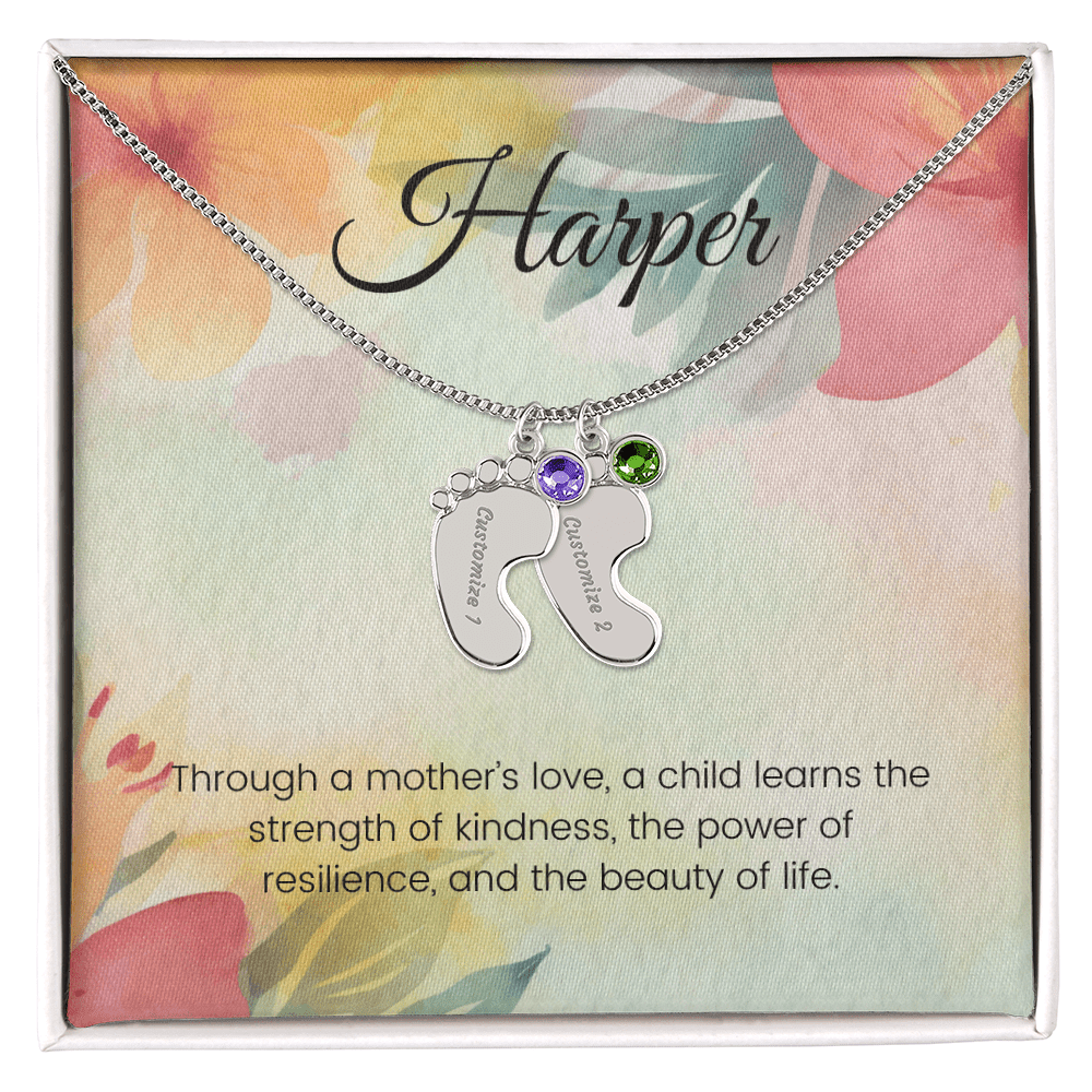 Engraved Baby Feet Necklace with Birthstone – Through a Mother's Love, Strength & Resilience Blossom | Ideal Gift for New Moms