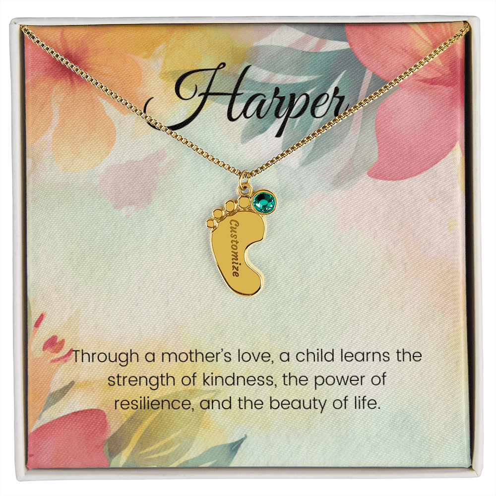 Engraved Baby Feet Necklace with Birthstone – Through a Mother's Love, Strength & Resilience Blossom | Ideal Gift for New Moms