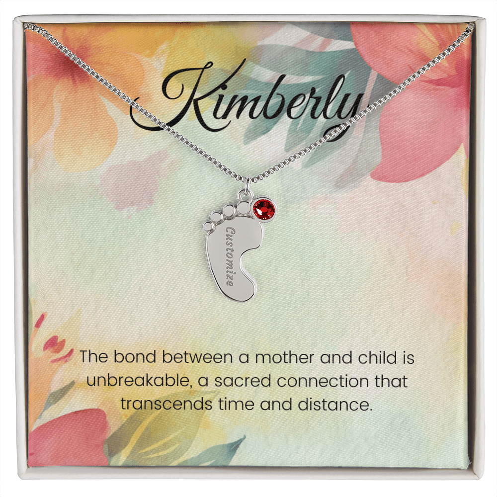 Engraved Baby Feet Necklace with Birthstone – Unbreakable Bond of Mother & Child | Gift for New Moms & Moms-to-Be
