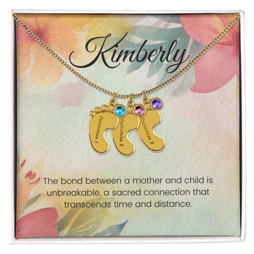 Engraved Baby Feet Necklace with Birthstone – Unbreakable Bond of Mother & Child | Gift for New Moms & Moms-to-Be