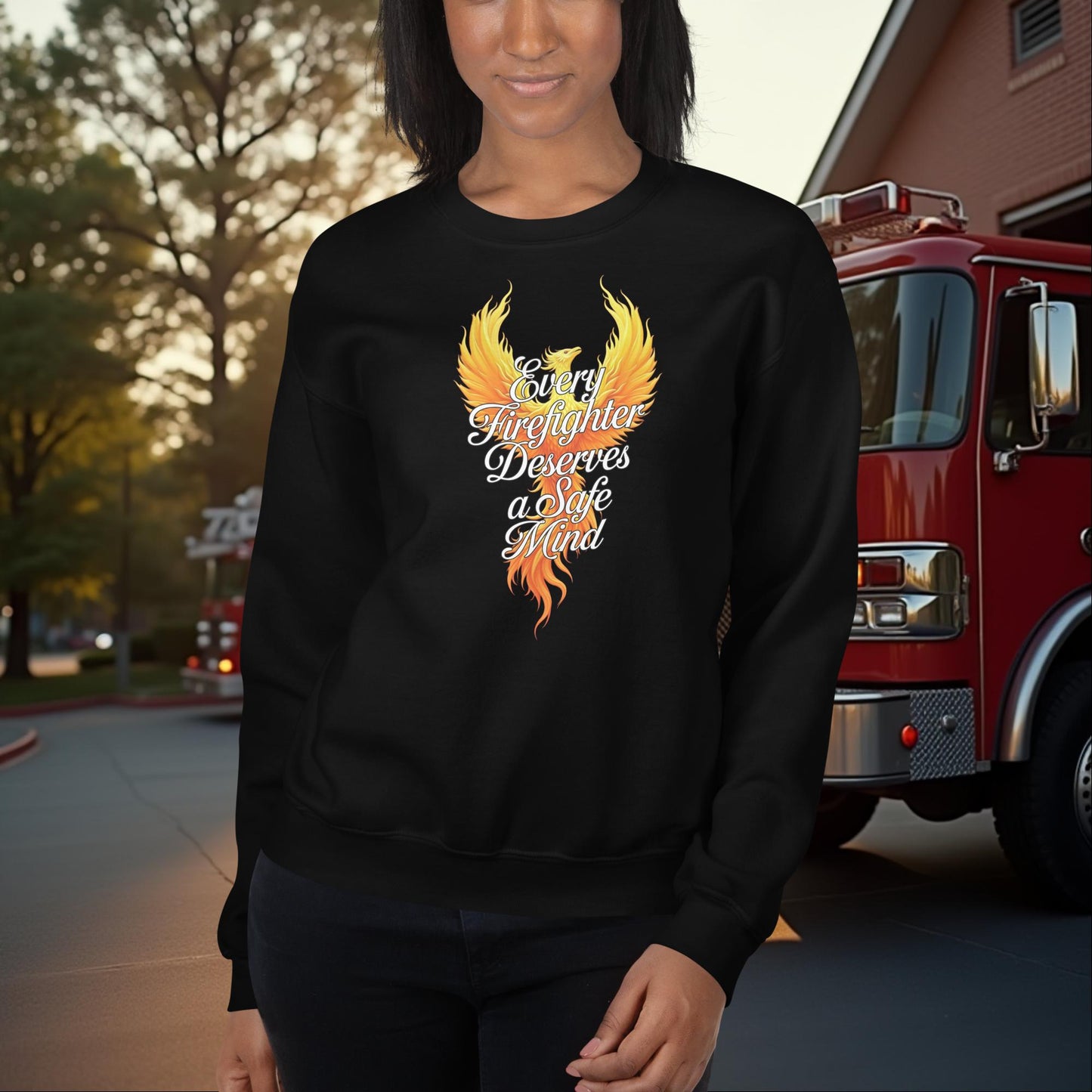 Every Firefighter Deserves a Safe Mind - Crew Neck Sweatshirt for Emotional Health and Mental Wellness Awareness - MySisterIsASurvivor