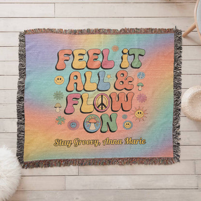 Feel It All & Flow On Personalized Blanket - Retro Mental Health Support Throw for Home - MySisterIsASurvivor