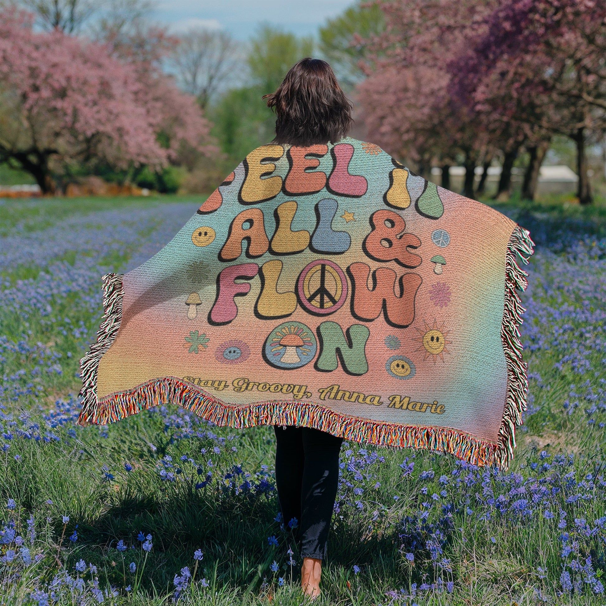 Feel It All & Flow On Personalized Blanket - Retro Mental Health Support Throw for Home - MySisterIsASurvivor