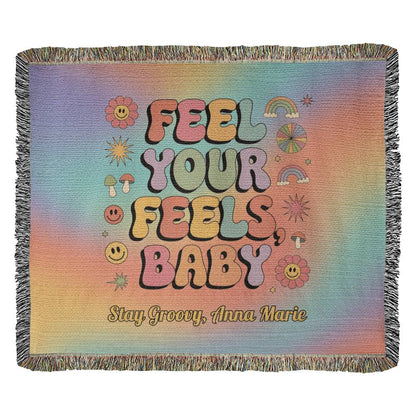 Feel Your Feels Baby Custom Blanket - Retro Groovy Mental Health Woven Throw for Healing - MySisterIsASurvivor