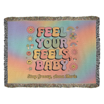Feel Your Feels Baby Custom Blanket - Retro Groovy Mental Health Woven Throw for Healing - MySisterIsASurvivor