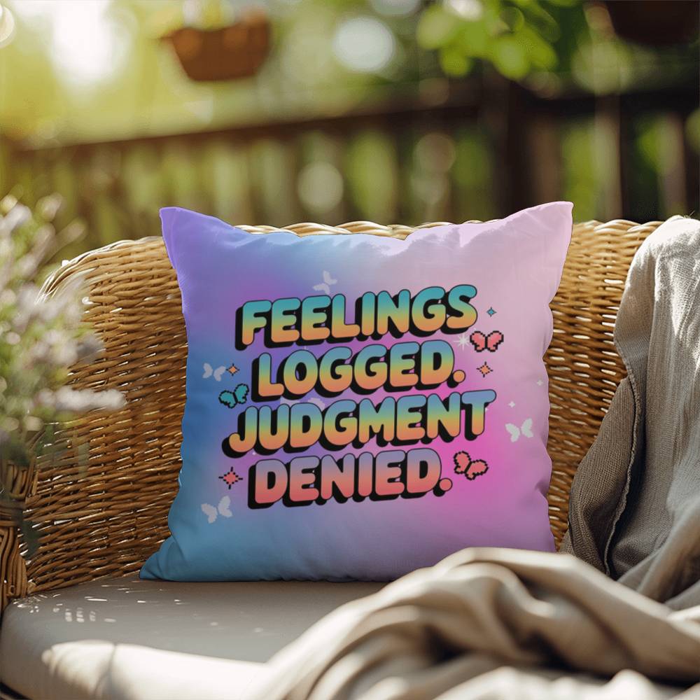 Feelings Logged Judgment Denied Y2K support pillow custom name affirmation gift - MySisterIsASurvivor