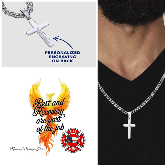 Rest and Recovery firefighter Cuban link cross necklace symbolizing strength in healing and mental health.