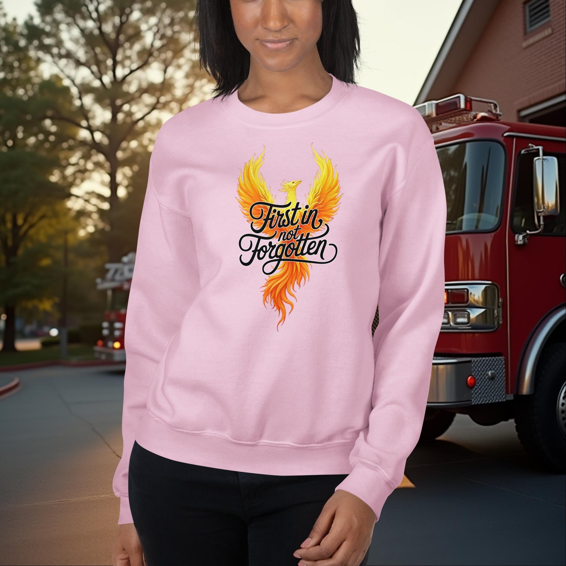 First In, Not Forgotten - Firefighter Memorial and Mental Health Awareness Crew Neck Sweatshirt - MySisterIsASurvivor