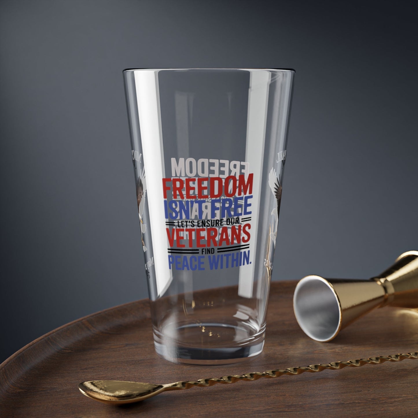 Freedom Isn't Free pint glass with patriotic design - Memorial Day gift for veterans and military remembrance