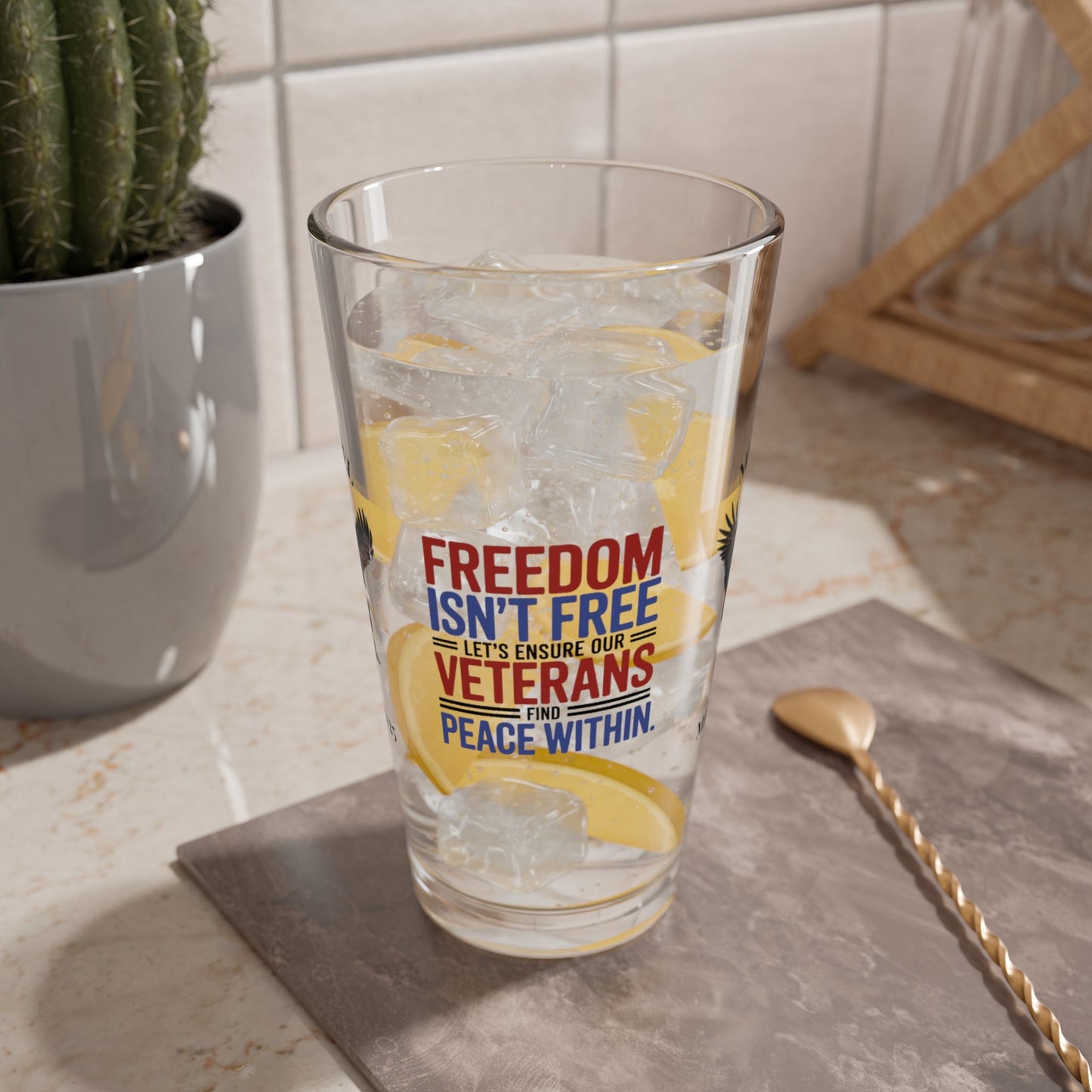 Freedom Isn't Free pint glass with patriotic design - Memorial Day gift for veterans and military remembrance
