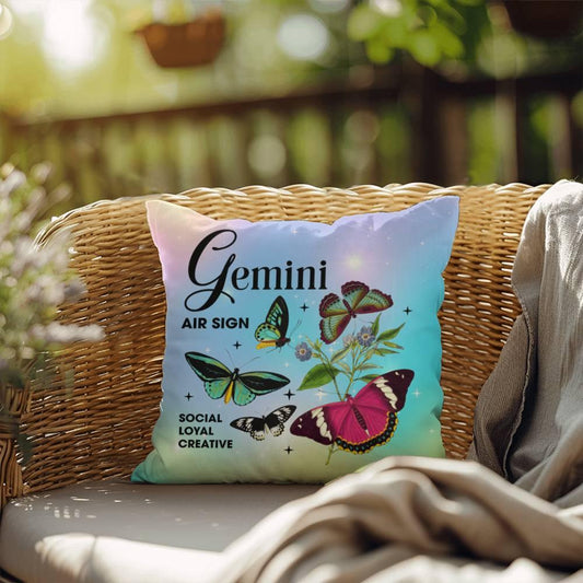 Shop our gemini butterfly indoor outdoor pillow featuring the 18" x 18" style option from MySisterIsASurvivor.