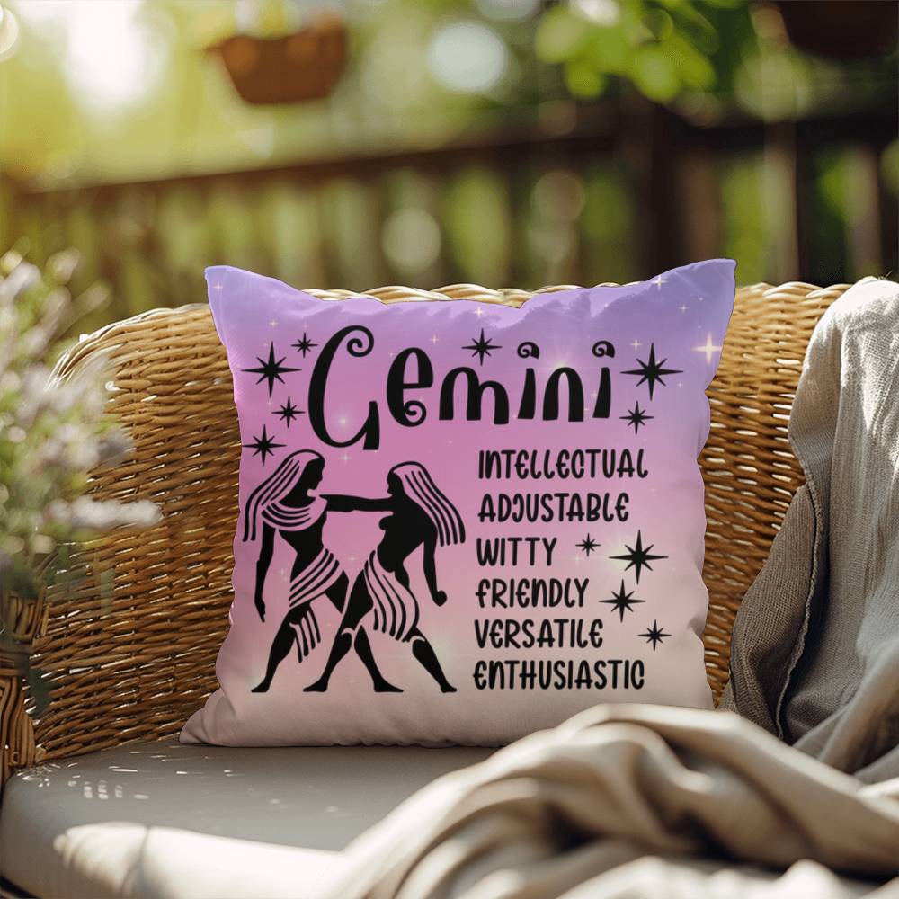 Gemini zodiac pillow with duality-inspired design for indoor and outdoor use