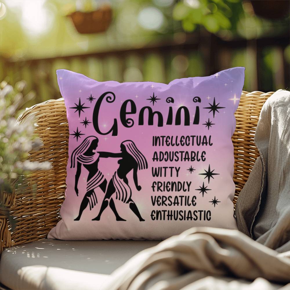 Gemini zodiac pillow with duality-inspired design for indoor and outdoor use