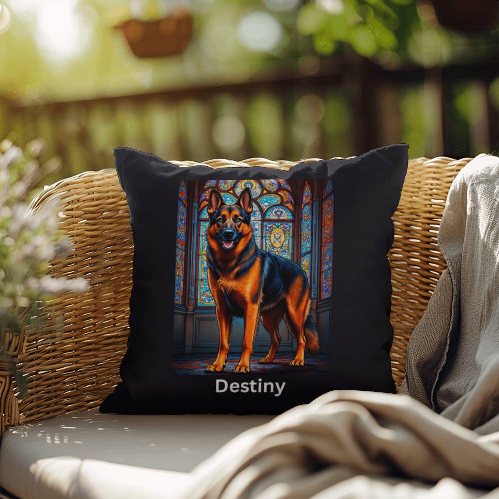 Black & Red German Shepherd Stained Glass Pillow, custom dog art gift for pet lovers