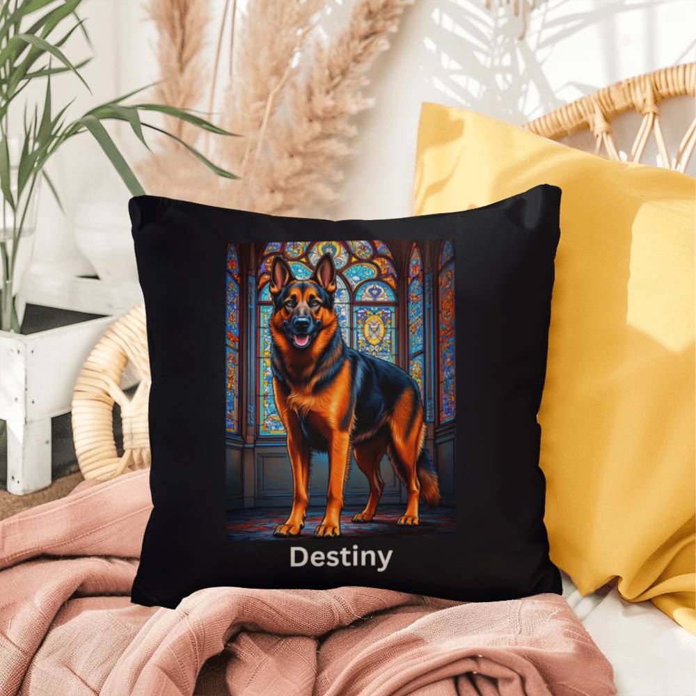 Black & Red German Shepherd Stained Glass Pillow, custom dog art gift for pet lovers